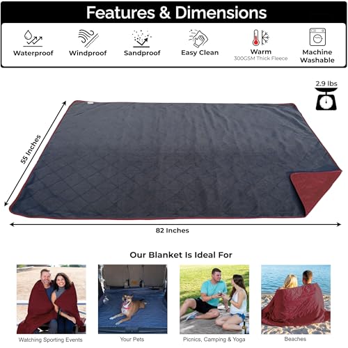 BRAWNTIDE Large Outdoor Waterproof Blanket - Extra Thick Fleece, Warm, Windproof, Sandproof, Quilted, 82" x 55", Ideal for Beaches, Picnics, Camping, Stadiums, Dogs, Car - color: Wine