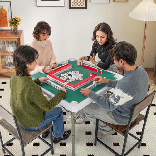 Goplus Mahjong Table, 35" Square Folding Card Table w/4Cup Holders, Anti Slip Mat, HDPE Tabletop, Metal Legs, Portable Mahjong Game Table for Domino Game, Picnic (Table w/Removable Mat, Pure Green) - style: Pure Green, Table w/Removable Mat
