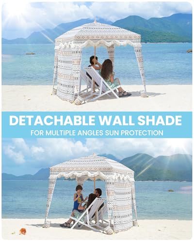 OutdoorMaster Beach Cabana with Fringes, Portable 6' x 6' Beach Canopy for Sand, Easy Set Up Beach Shelter, Included Side Wall, UPF 50+ UV Protection Sun Umbrella - for Family & Friends - color: Retro Brown