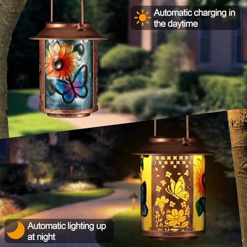 Butterfly Solar Lanterns Outdoor Waterproof, Birthday Gifts for Women Mom Grandma , Metal Garden Decor Hanging Solar Lights Outside Decorative for Yard Patio Backyard Porch Decorations(Sunflower) - style: Butterfly+Sunflower