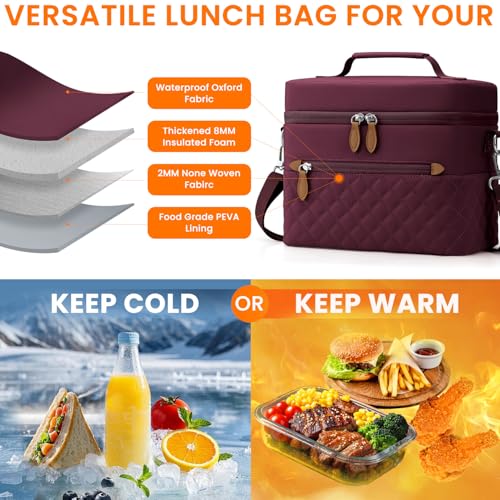 Tenot Insulated Lunch Box for Women Reusable, Leak Proof Cooler Lunch Bag Women for Work Stylish Quilted Lunch Tote Bag for Adult Picnic Travel Hiking Wine Red - color: Wine Red