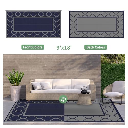 GENIMO 9 ' x 18 ' Outdoor Rug Waterproof for Patio Decor, Foldable Reversible Plastic Straw Area Rugs Mat for Camper, Outside Carpet for Rv, Deck, Porch, Picnic, Beach, Balcony, Blue & Grey - color: Blue & Grey, size: 9' x 18' (Rectangular)
