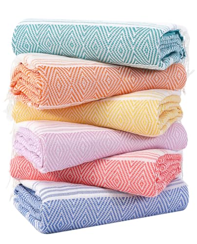 Genovega 6 Packs Oversized Turkish Beach Towels Set Bulk 74"x38" Extra Large Quick Dry Sand Free Light Swim Bath Camping Pool Towel Travel Blanket Essentials Cruise Accessories Adult Vacation Stuff - color: Coral Green Blue Pink Orange Yellow
