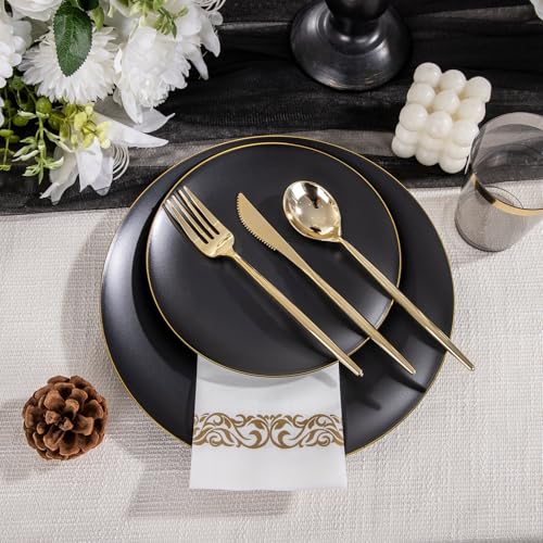 EI 350Pcs Black and Gold Matte Frosted Plastic Plates Disposable Heavy Duty,Dinnerware Set for Party Include 100 Disposable Plates,150 Silverware,50 Napkins,50 Cups for Party/Wedding/Events,Hotel - color: Black and Gold Plastic Plates Dinnerware