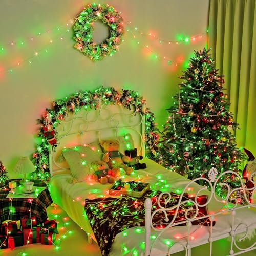 JMEXSUSS 600 LED Christmas String Lights Outdoor, Red White and Green Lights Clear Wire, Christmas Tree Twinkle String Lights Plug in for Tree Xmas Decorations - color: Red White and Green, size: 600 LED