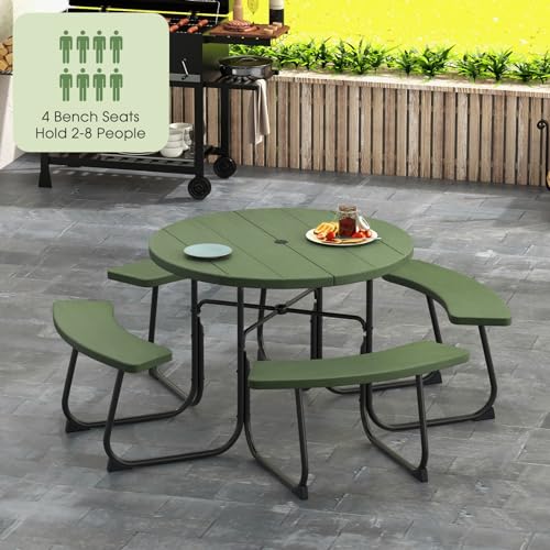 Giantex Picnic Table Set for Up to 8 Persons, Round Outdoor Table and Bench Set with Umbrella Hole, HDPE Top & Metal Frame, 2000LBS Capacity, Patio Table Bench for Deck Backyard Garden (Green) - color: Green, size: Round-43"x43"x30"