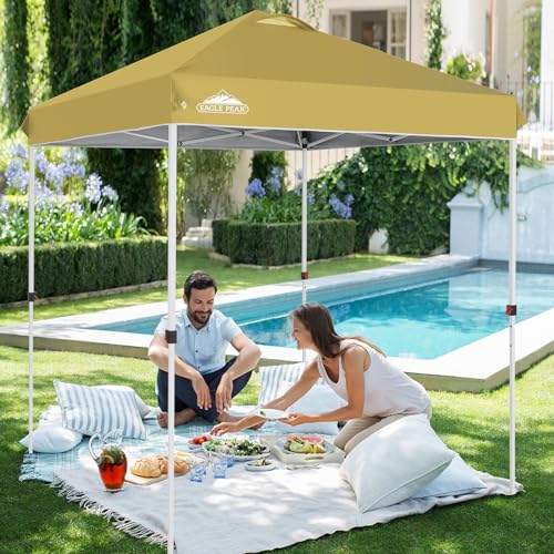 EAGLE PEAK Pop Up Canopy Tent with Wheeled Carry Bag, 8 Stakes, 4 Ropes, Easy Set Up Tent Canopy, 6.6x6.6 ft, Beige - color: Beige, size: 6.6x6.6