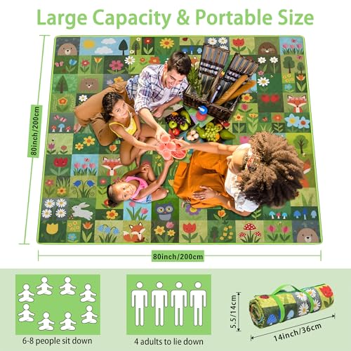 Supfitness Extra Large Picnic Blankets Waterproof Foldable (80 "x 80") Beach Blanket Waterproof Sandproof,3-Layer Thicking Mat Outdoor Packable Camping Blanket(Bohemian) - color: Dark Green, size: 80x80in