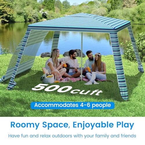 MoKo Beach Cabana, 8'×8' Large Beach Canopy with Side Wall, UPF 50+ Protection Easy Setup Beach Tent Sun Shelter, Adjustable Height Wind Resistant Cabana Beach Tent for Whole Family, Blue-Green Stripe - color: Blue-Green Stripe
