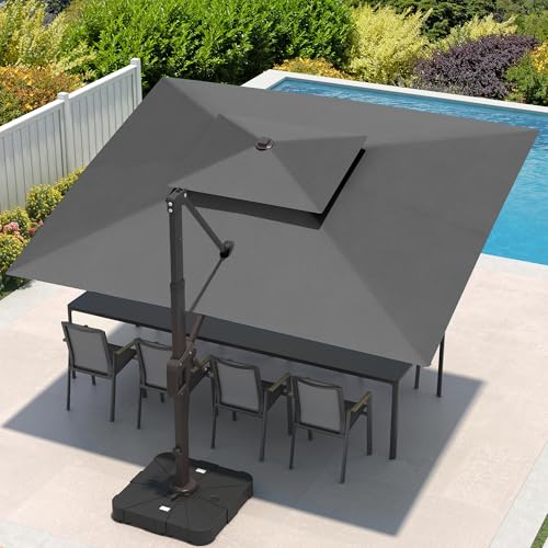 9x12 FT Cantilever Patio Umbrella with Led Lights Double Top Outdoor Rectangular Large Heavy Duty Aluminum Offset Umbrellas with 7 Level Tilt 360-degree Rotation for Pool Garden Deck, Grey - color: Grey, size: 9' X 12'-with Light