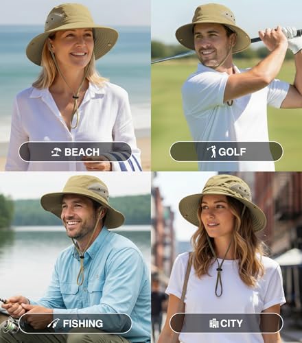 GearTOP Wide Brim Sun Hat for Men & Women, UPF 50+ Fishing Hat with Detachable Neck Flap & Face Cover Gardening Boonie Sunhat - color: Khaki Floater