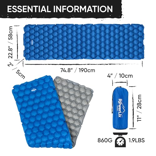 POWERLIX Camping Sleeping Pad - Ultralight Inflatable Camping Mattress Sleeping Mat for Backpacking, Hiking, Compact Lightweight Sleeping Pad for Camping, Inflation Bag/Repair Kit Included - color: Blue & Grey