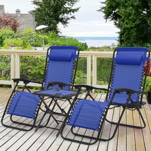 Athena Collection Zero Gravity Outdoor Lounge Chair Set of 2 with Side Table, 29" Width Pool Lounge Lawn Chairs Reclining with Cup Holder, Outdoor Chaise for Beach Patio Backyard Outside, Blue - color: Blue, style: 29" Width
