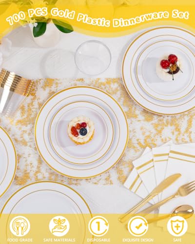 GATHER 700PCS Gold Plastic Plates - Whtie and Gold Disposable Dinnerware Sets 100Guest - 200 Disposable Plate, 300 Plastic Silverware, 100 Cups, 100 Napkins for Wedding & Party - color: Gold, size: 100 Guests