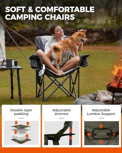 KingCamp Oversized Camping Folding Chair, Heavy Duty 450 LBS with Lumbar Support, Padded seat with Cup Holder&Cooler Bag, Ideal for Camp, Fishing, Sports Event, Backyard, Patio, Lawn - color: Green/Grey-2 Pack