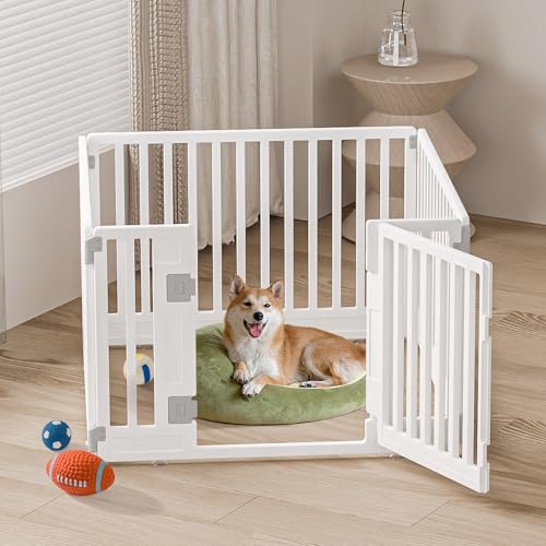 Pet Playpen Foldable Gate for Dogs Heavy Plastic Puppy Exercise Pen with Door Portable Indoor Outdoor Small Pets Fence Puppies Folding Cage 4 Panels Medium Animals House Supplies (PPW-WHITE04, White) - color: White, style: PPW-WHITE04