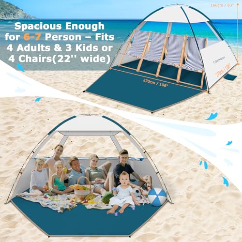 COMMOUDS Beach Tent Sun Shade for 3/4/6/8 Person, UPF 50+ Beach Sun Shelter Canopy Tent, Lightweight, Easy Set Up and Carry - color: Silver, size: 6 Person