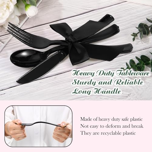 Minatee 25 Sets Black Plastic Cutlery Set with Twist Tie Bows, Heavy Duty Tableware Disposable Forks Knives Spoons Silverware Utensils Set for Coquette Birthday Bow Party Table Setting Picnics - color: Black