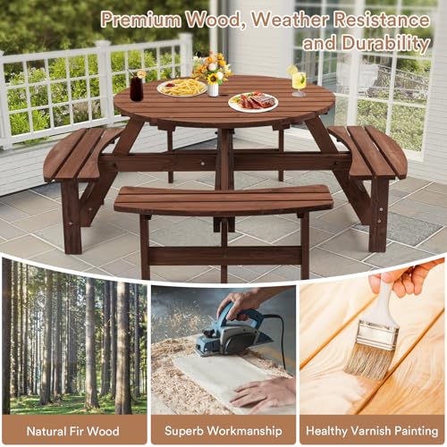 Zevemomo Wood Picnic Table for 8 People, Round Top with Umbrella Hole, 4 Built-in Curved Benches, 2220LBS Capacity for Patios & Backyards, Brown - color: Brown, style: 8-Person