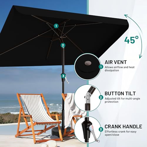 AreShark 6.5 x 10 FT Rectangular Valance Patio Umbrella, Outdoor Umbrella with Tilt and Crank, Market Table Umbrellas W/ 6 Ribs UV Protection for Garden, Deck, Backyard and Pool, Black - color: Black, size: 6.5x10 FT