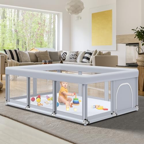 Fshibila 74" ×50" Large Baby Playpen, Baby Playard for Babies and Toddlers, Baby Fence Play Pens for Indoor & Outdoor, Sturdy Safety Play Yard with Soft Breathable Mesh, Anti-Fall, Grey - color: Grey, size: 74 x 50 IN