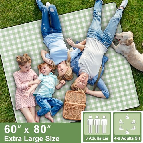 60x80" Large Picnic Blankets Waterproof Outdoor Portable Beach Blanket Weatherproof Patios Grass Park Lawn Tent Ground Mat Summer Camping Rv Supplies Car Travel Hiking Family Must Haves Gifts - color: Light Green Check, size: 6'8" x 5' (Rectangular)