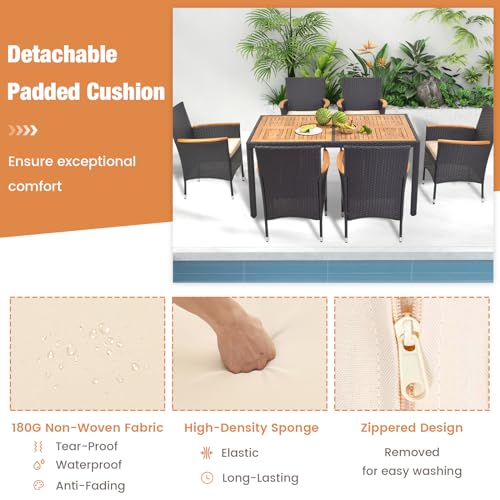 HAPPYGRILL 7 Pieces Outdoor Dining Set, Patio Conversation Set with Umbrella Hole, Acacia Wood Tabletop & Seat Cushions, Dining Table with 6 Rattan Wicker Chairs for Backyard Poolside Deck - color: Black & Beige