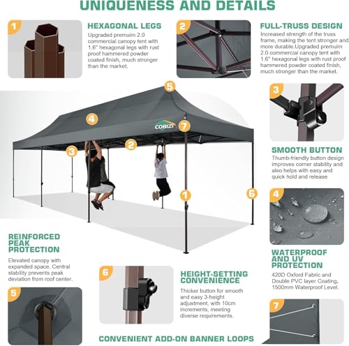 COBIZI 10x30 Pop Up Canopy Tent Heavy Duty with 8 Removable Sidewalls, Commercial Portable Tents for Parties Ez Up Canopy All-Weather Windproof & Waterproof and UPF 80+ Wedding Tent - color: Gray, size: 10x30FT