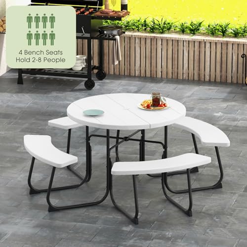 Giantex Picnic Table Set for Up to 8 Persons, Round Outdoor Table and Bench Set with Umbrella Hole, HDPE Top & Metal Frame, 2000LBS Capacity, Patio Table Bench for Deck Backyard Garden (White) - color: White, size: Round-43"x43"x30"