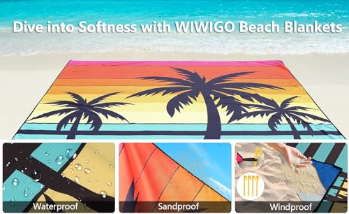 HIHOHO Beach Blanket Waterproof Sandproof Extra Large Beach Mat 79" X 83"/120"x108"for 1-8 Adults Quick Drying Durable Outdoor Picnic Mat for Beach Travel Camping Hiking - color: Coconut Tree-striped Sunrise, size: 79" X 83"（1~3 person）