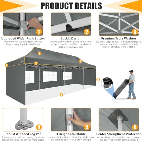 HOTEEL 10x30 Heavy Duty Pop Up Canopy Tent with 5 Sidewalls&Wheeled Bag, Commercial Event Party Tent Wedding Instant Canopy Waterproof, Upgraded Thicked Hexagonal Legs, UV 50+, Gray - color: Gray, size: 10x30FT (+5 Walls)