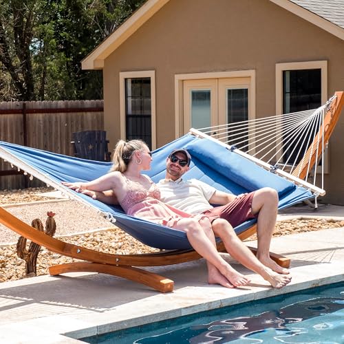 SUNCREAT Hammocks Double Hammock with 13.5 ft Wooden Stand Included, Outdoor Hammocks for Outside, 475 lbs Capacity, Navy - color: 03-blue Navy