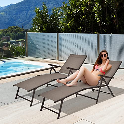 Tangkula Folding Lounge Chair Outdoor, Recliner Chaise Lounge with 5-Position Adjustable Backrest & 2-Position Footrest, No Assembly Required, Suitable for Patio Poolside Beach Yard (1, Brown) - color: Brown
