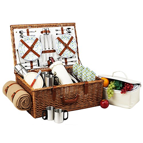 Picnic at Ascot Dorset English-Style Willow Picnic Basket with Service for 4, Coffee Set and Blanket- Designed, Assembled & Quality Approved in the USA - color: Wicker With Gazebo Plates/Napkins