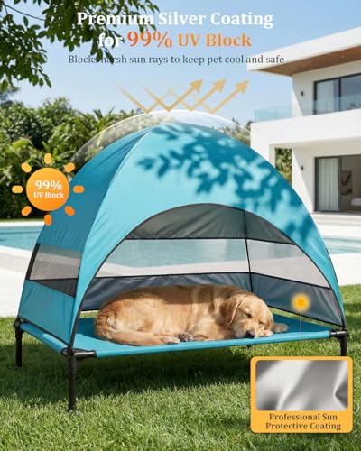 Elevated Dog Bed with Canopy - 3-Sided UV Protection Pet Tent with Wider Shade, Raised Cooling Outdoor Dog Cot with Breathable Mesh for Medium Large Dogs, Portable Pet Bed for Camping, Patio (Aqua, L) - color: Aqua, size: Large