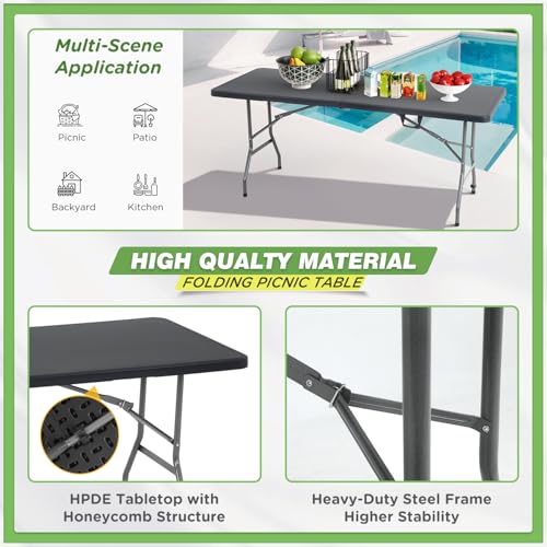 BestOffice Outdoor 6 FT Folding Camping Table Plastic Table Portable Square Height Dining Table Perfect for Picnics, Parties, Party and Camping, Black - color: Black, size: 6 FT