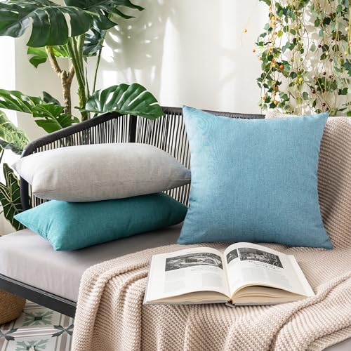 MIULEE Pack of 2 Decorative Outdoor Solid Waterproof Throw Pillow Covers Faux Linen Garden Farmhouse Coastal Cushion Cases for Summer Patio Tent Balcony Couch Sofa 16x16 Inch Blue Gray - color: Blue Gray, size: 16" x 16" (Pack of 2)