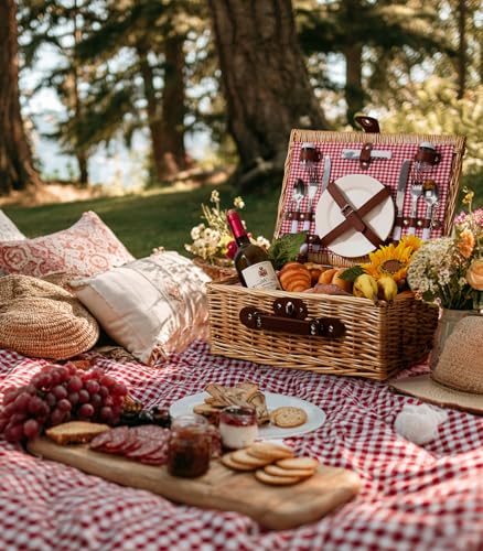 Picnic Basket for 2 with Waterproof Picnic Blanket, Wicker Picnic Set Kit with Cooler for Beach, Insulated Picnic Baskets, Bridal Shower Gift Wedding Gifts with Mr Mrs Wine Glasses and Greeting Card - color: Wedding Gift Style Red and White