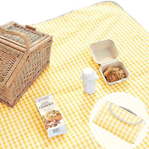 Cute Gingham Picnic Blanket, Waterproof Foldable, in Large 80x60in and Extra Large 80x80in, Portable Compact Beach Blanket, Oversized XL Outdoor Mat (Yellow, Large) - color: Yellow, size: Large