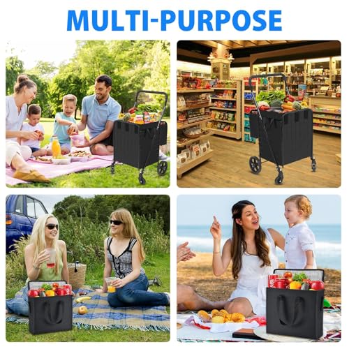 Folding Shopping Cart with Waterproof Basket Liner and Insulated Bag, Rolling Trolley with 360° Swivel Wheels Height Adjustable Portable Shopping Carts for Laundry, Baggage, Picnic - size: Medium - Front+Back Bags