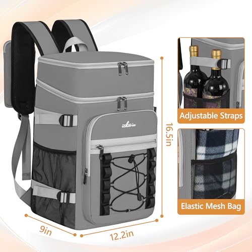 Cooler Backpack, 40 Cans Insulated Lunch Backpack Picnic Backpack for Men&Women, Durable Cooler Bag with 2 Leak Proof Compartments for Picnic, BBQ Camping, Lunch, Beach, Hiking, Gray - color: Gray