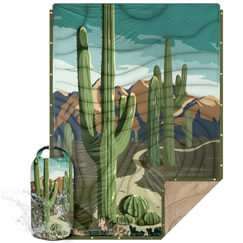 Outdoor Camping Blanket with Sherpa Lining, Extra Warm Thick Camp Blankets and Puffy Ultralight Soft Poncho DWR Camping Quilt for Cold Weather, Adventure, Sleeping, Backpacking 78"x 56" - color: Cactus Green, size: 78 x 56 inches