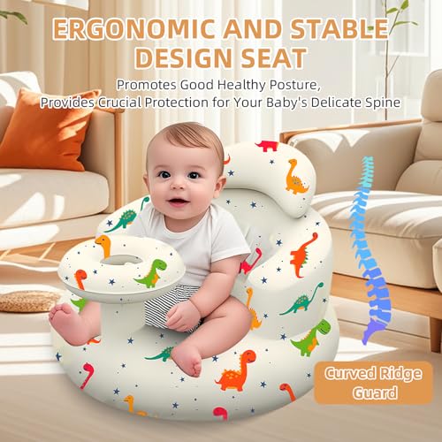 Inflatable Baby Seat with Tray, Blow up Infant Chair for Babies 3 Months and up, Comfortable Baby Floor Seats for Sitting Up, Built in Air Pump with Back Support Toddler Waterproof Sofa (Dinosaur) - color: Dinosaur