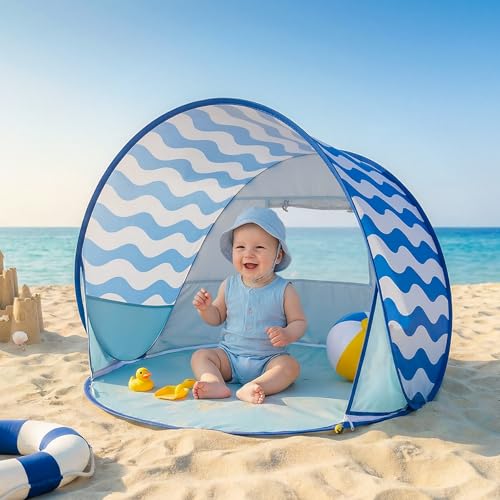 Pop Up Baby Beach Tent - Baby Tent for Toddler Beach Essentials with UPF 50+ UV Protection Canopy, Portable 41.4 x 35.5 x 31.5 in Sun Shade Summer Outdoor for Infants (Blue Wave Stripes) - color: Blue Wave Stripes