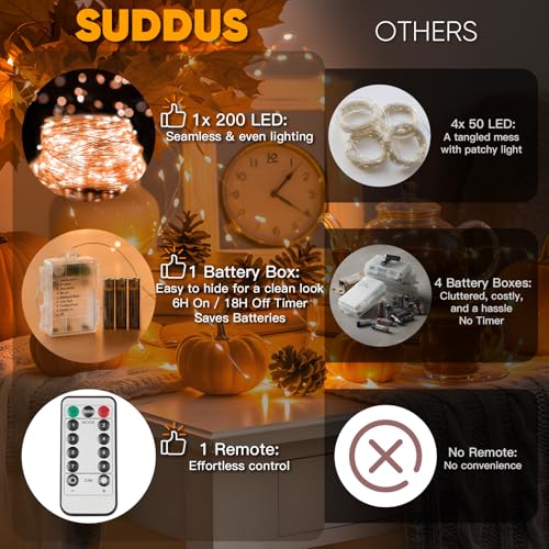 suddus Orange Halloween Fairy Lights Battery Operated, 66ft 200 LED Copper Wire Twinkle Lights Waterproof, String Lights with Remote for Bedroom, Party, Yard, Door, Garland, Tree Decorations - color: Orange, size: 200LED
