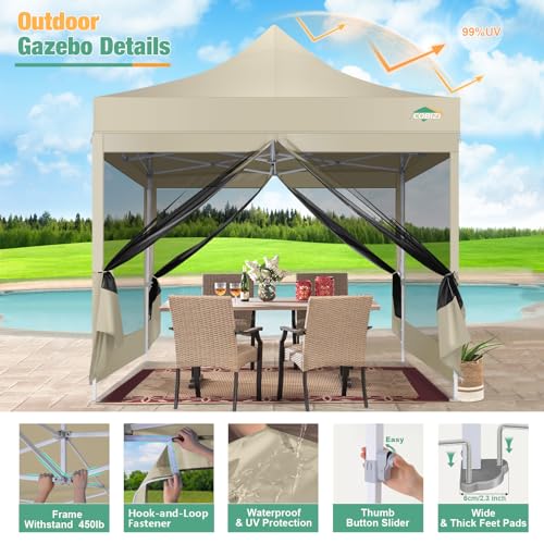 COBIZI 10x10 Canopy Tent, Heavy Duty Pop up Canopy with Sidewalls, Waterproof Easy Setup Canopy with Mosquito Netting, Outdoor Instant Screen Tents for Parties, Wedding, Backyard with Carry Bag, Khaki - color: Khaki, size: 10x10ft