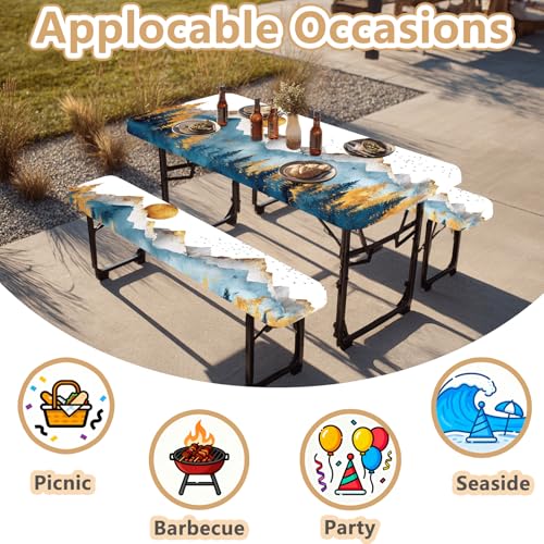 Picnic Table Cover with Bench Covers Elastic Edges, Outdoor Patio Camping Essentials 72 Inch 3PCS, Waterproof Camping Fitted Tablecloth with Handbags (Boho mountain) - color: Mountain View