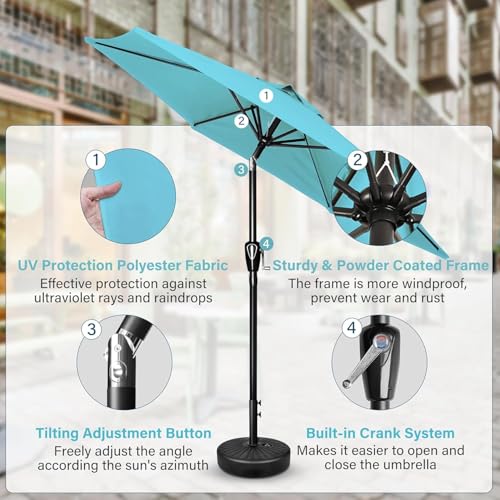 Simple Deluxe 7.5ft Patio Umbrella Outdoor Table Market Yard Umbrella with Push Button Tilt/Crank, 6 Sturdy Ribs for Garden, Deck, Backyard, Pool, Turquoise - color: Turquoise-New, size: 7.5ft