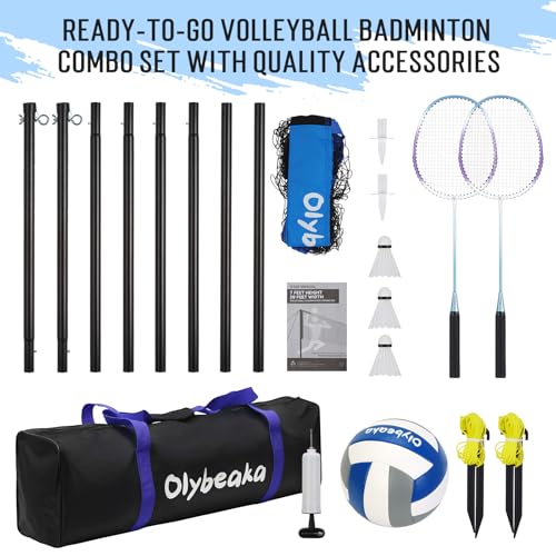 20ft Outdoor Volleyball & Badminton Combo Net Set for Backyard Beach with Adjustable Poles, Durable Anti-Sag Net, PU Volleyball, 2 Aluminum Rackets - color: Blue