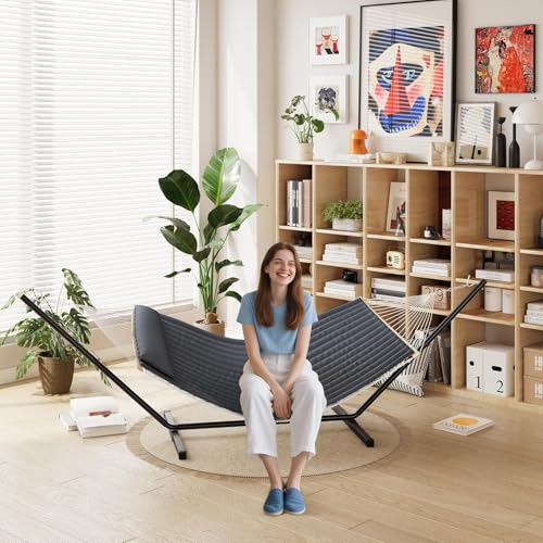 Double Hammock with Stand,450lbs Capacity, 2 Person Cotton Rope Portable Hammock with Polyester Quilted Pad and Pillow,for Garden Yard,Camping and Patio.Dark Dray. - color: Dark Gray